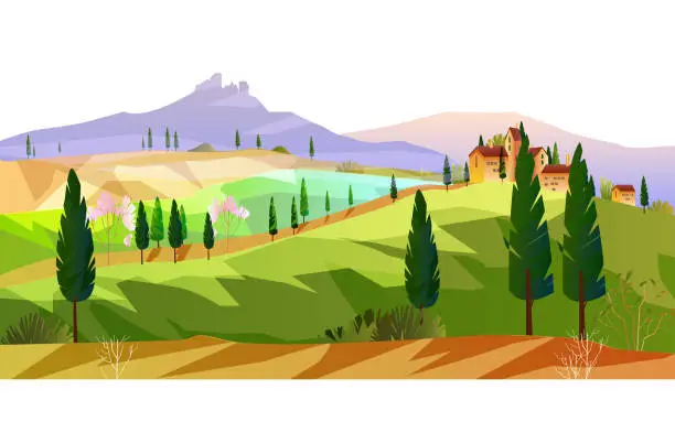 Vector illustration of Horizontal Italian landscape with mountains, hills, vineyard, cypress.