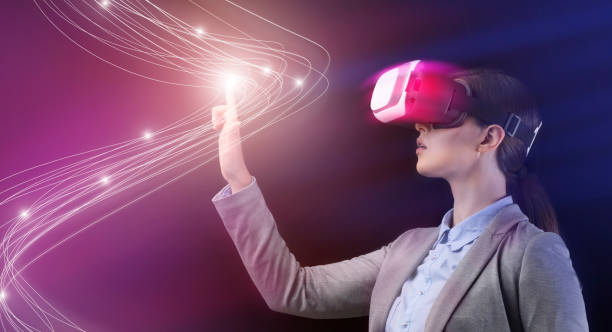 istock Innovative technologies. Businesswoman in VR headset pressing button on virtual screen, collage with blank space 1218925443