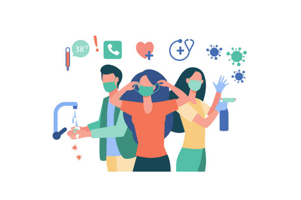 Hygiene during coronavirus epidemic Hygiene during coronavirus epidemic. People in gloves and face masks, washing hands, cleaning surfaces with alcoholic sanitizers. Vector illustration for virus spread prevention, protection concept prevention stock illustrations