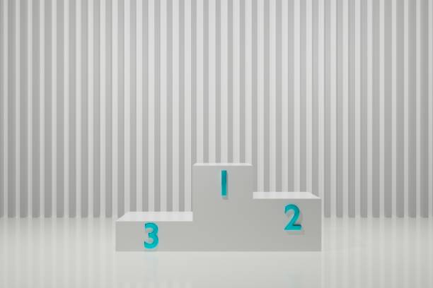 istock White and blue booth 3D rendering background wall, can be used for banner design items display background. Cabinet for the first, second and third places to win the competition. 1218930985