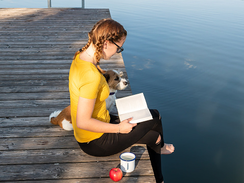 Mixed-breed dog, water, reading, relaxation, silence, isolated, social distance, summer, t-shirt, yellow, glasses, pet, animal