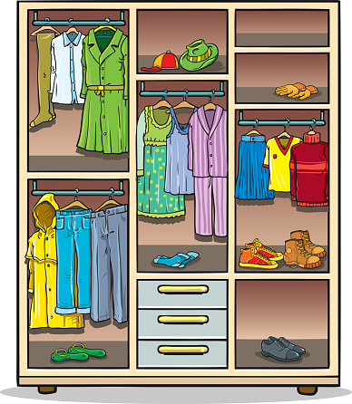 Open wardrobe with clothes on shelves and hangers.