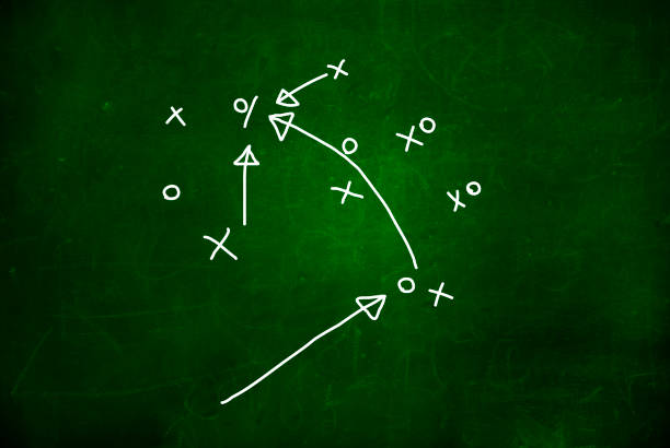 Estratégia de jogo de futebol desenhada em um quadro de giz. Conceito de Estratégia ou Plano de Concorrência. - foto de acervo