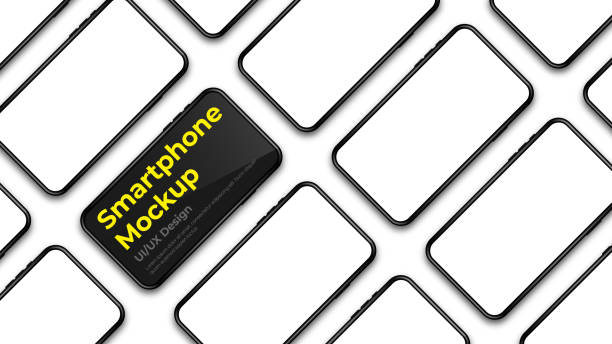istock Realistic phone mockup. Modern phones with blank white and black display. Smartphone design mockup in 3d isometric view. Presentation background template 1218933108