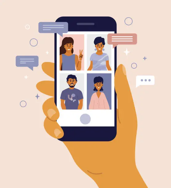 Vector illustration of Video call and chatting online between friends by mobile smartphone
