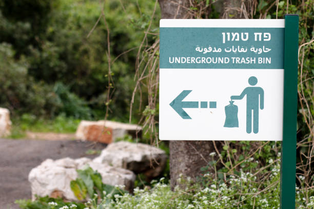 istock Plate in Hebrew, English and Arabic. Underground trash bin. 1218933448