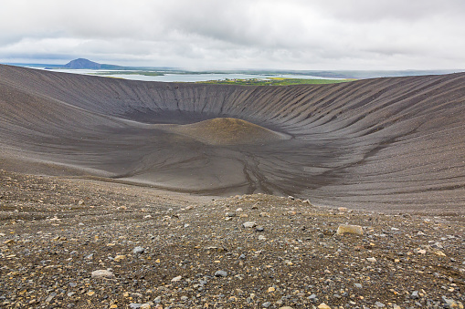View to the Hverfjall volcano crater on Iceland in summer