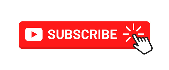 Subscribe button for social media. Subscribe to video channel, blog and newsletter. Red button with hand cursor for subscription. Vector