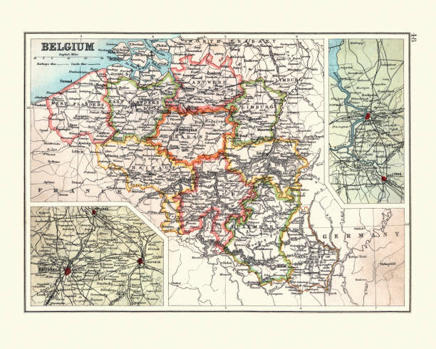 ilustrações de stock, clip art, desenhos animados e ícones de antique map of belgium, with detail on brussels and antwerp - antuerpia
