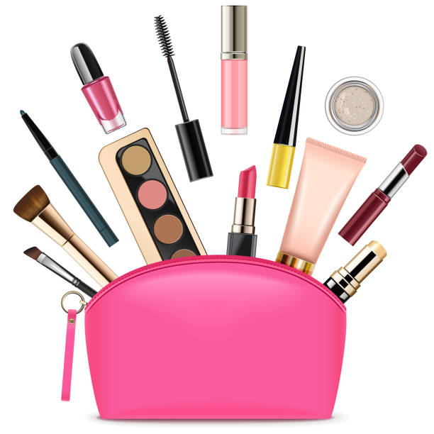 Vector Pink Beautician with Cosmetics Vector Pink Beautician with Cosmetics isolated on white background make up bag stock illustrations