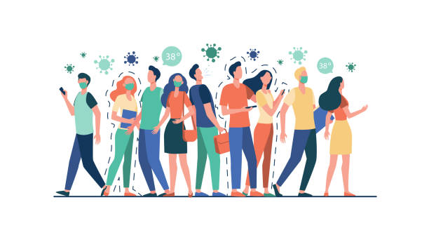 Infection spreading in crowd Infection spreading in crowd. People with and without masks standing together, coughing, suffering from fever. Vector illustration for coronavirus, quarantine, danger, alert, outbreak concept spreading illustrations stock illustrations