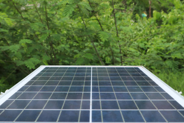 panel solar al aire libre con fondo de árbol verde, energía alternativa en recursos renovables, concepto de energía, concepto de medio ambiente de ahorro - solarpanel fotografías e imágenes de stock