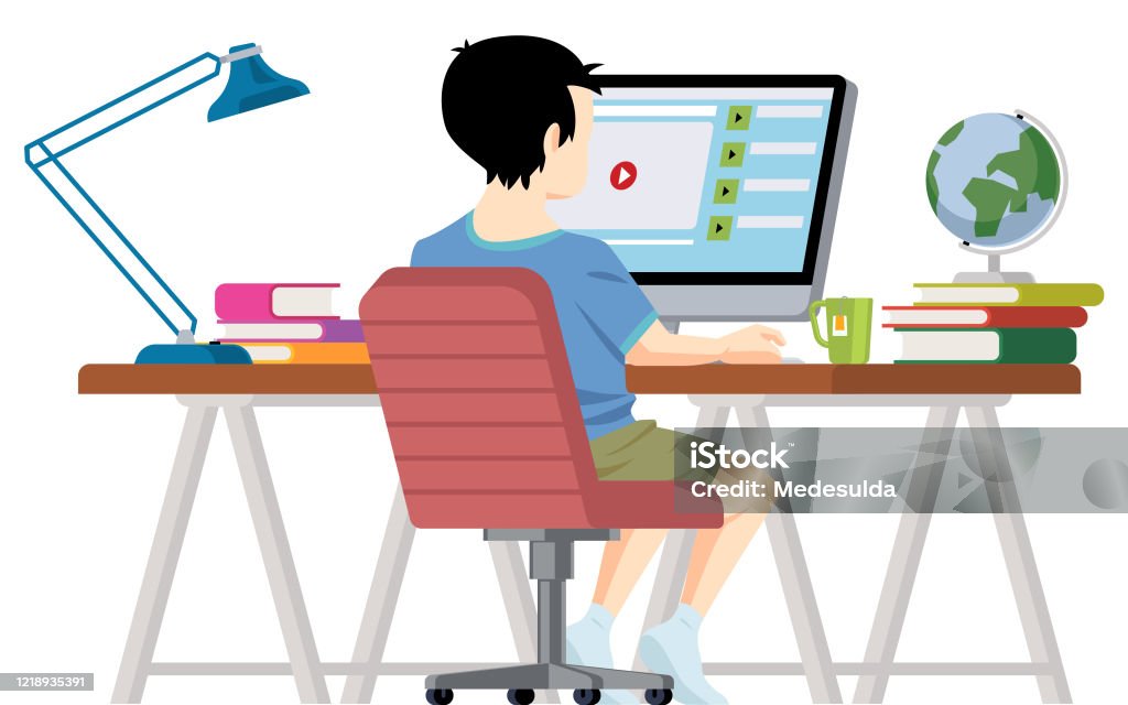 Homework Picture With Computer Home Schooling Computer Stock Illustration - Download Image Now - E ...