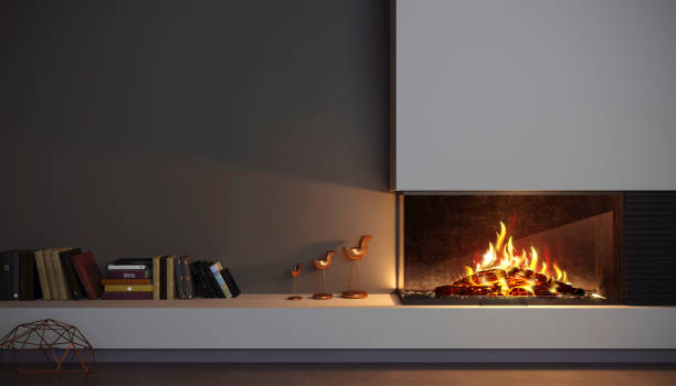istock Modern glass corner fireplace wall in the interior 1218938769