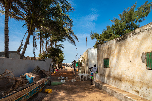 Djiffer, Senegal - November 17, 2019: Traditional fishing village of Djiffer, Senegal. West Africa.