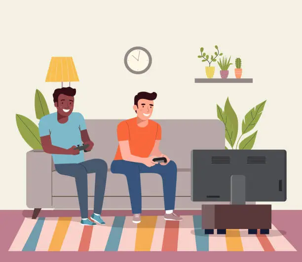 Vector illustration of Men playing videogame on the sofa. Vector flat style illustration