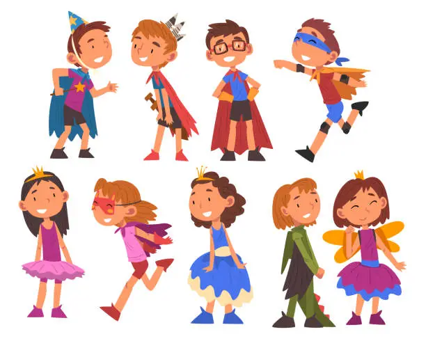 Vector illustration of Girls and Boys Dressed as Fairytale Heroes Set, Cute Happy Kids Playing Dress Up Game Cartoon Vector Illustration