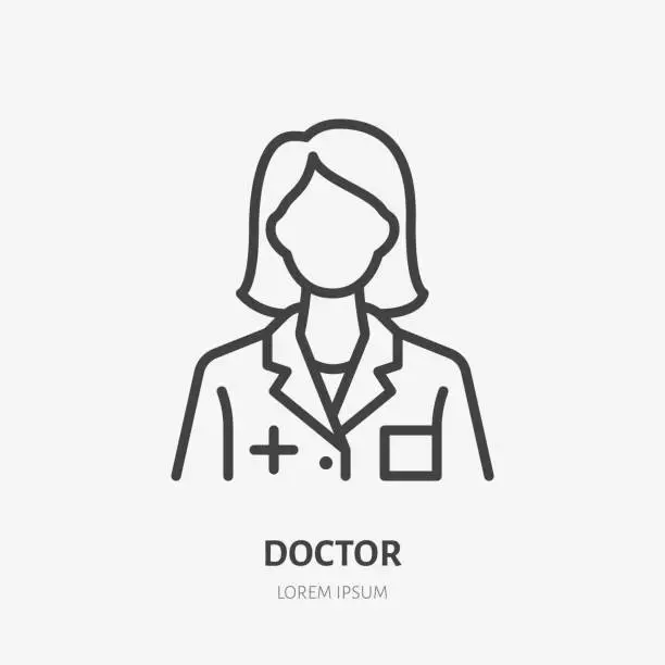Vector illustration of Doctor line icon, vector pictogram of woman physician with stethoscope. Lady hospital worker illustration, nurse sign for medical poster