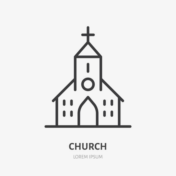 ilustrações, clipart, desenhos animados e ícones de ícone da linha da igreja, pictograma vetorial do edifício da capela católica. ilustração da casa religiosa, sinal para o logotipo cristão - church steeple vector christianity