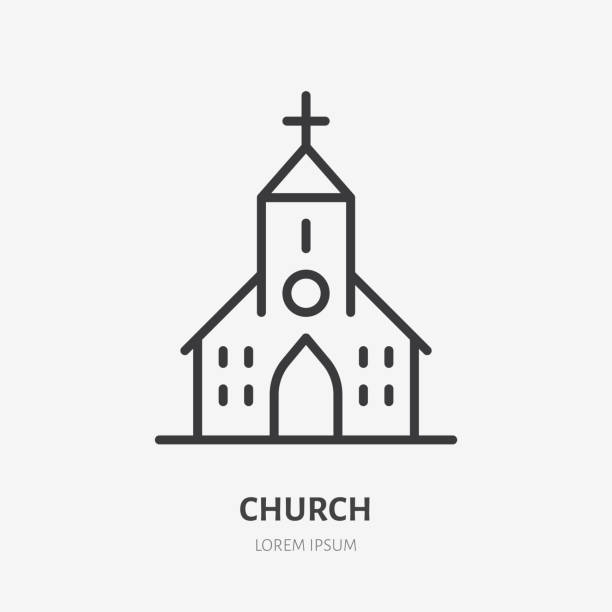Church line icon, vector pictogram of catholic chapel building. Religious house illustration, sign for christian logo Church line icon, vector pictogram of catholic chapel building. Religious house illustration, sign for christian logo. steeple stock illustrations