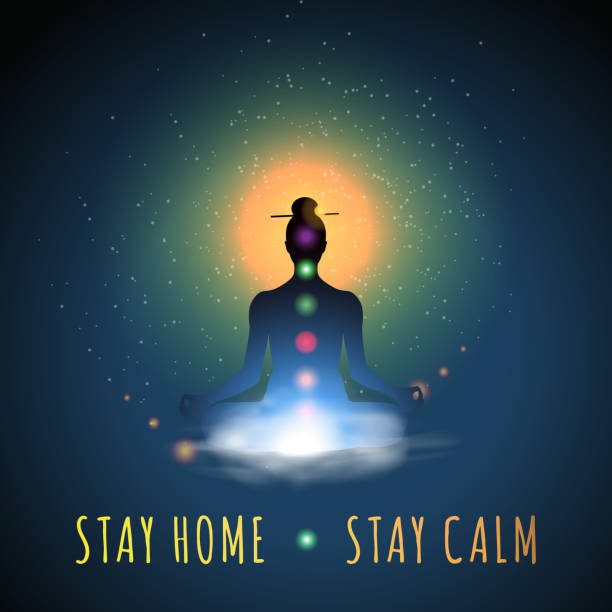 istock Stay home, stay calm. Meditation silhouette sitting in lotus position, vector illustration. 1218943509
