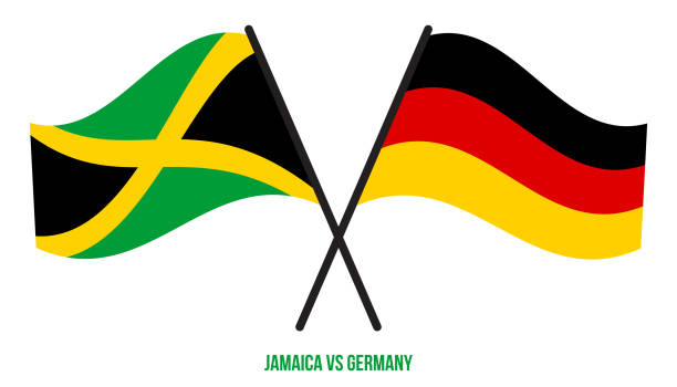 bildbanksillustrationer, clip art samt tecknat material och ikoner med jamaica och tyskland flaggor korsade och viftande platt stil. officiell andel. rätt färger - welcome to jamaica