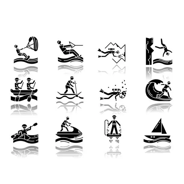 Vector illustration of Watersports drop shadow black glyph icons set. Cave diving, kiteboarding and flyboarding. Cliff jumping and paddle surfing. Watercraft, extreme kinds of sport. Isolated vector illustrations