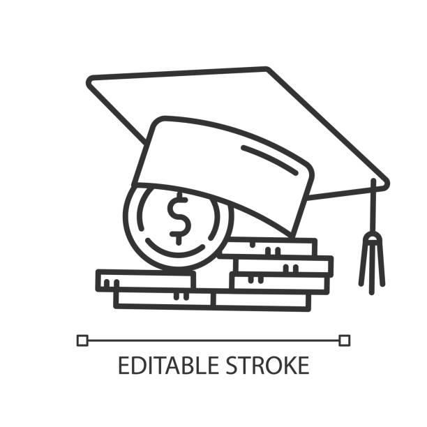 学生ローンの線形アイコン。大学教育費を支払うクレジット。授業料。大学のスコラーシップ。細線のイラスト。コンター シンボル。ベクター分離アウトライン描画。編集可能なストローク - university currency finance education点のイラスト素材／クリップアート素材／マンガ素材／アイコン素材