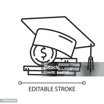 istock Student loan linear icon. Credit to pay for university education. Tuition fee. College scolarship. Thin line illustration. Contour symbol. Vector isolated outline drawing. Editable stroke 1218944154