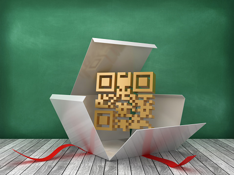 Gift Box with QR Code on Chalkboard Background - 3D Rendering