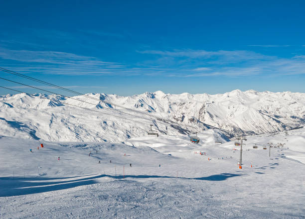 istock View down a piste in alpine ski resort 1218947056