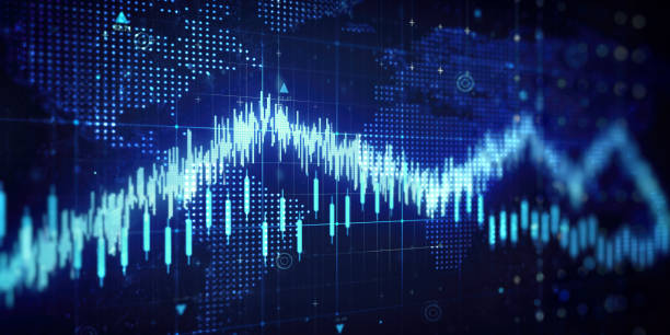 istock Economic graph charts and business analysis, blue projection on screen and blurred black background. 1218947279