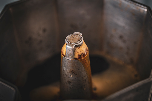 Moka pot preparing fresh coffee. Closeup photography