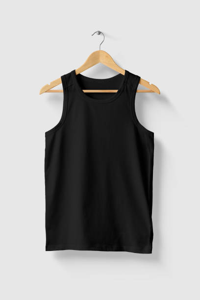 istock Black Tank Top Shirt Mock-up on wooden hanger, front side view. 1218948541