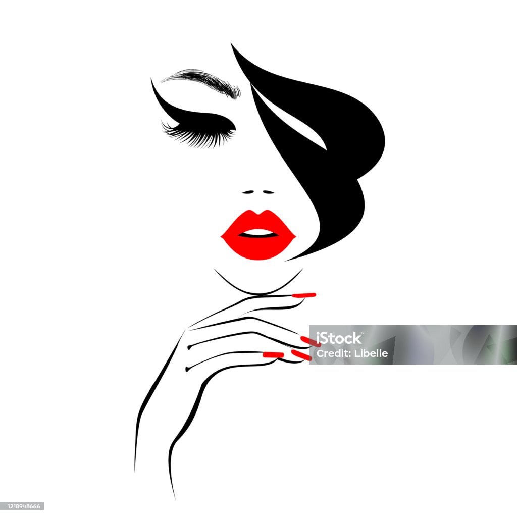 Beautiful Woman Face With Red Lips Lush Eyelashes Hand With Red Manicure  Nails Black Hair Stylish Hairstyle Beauty Logo Nail Art Studio Wallpaper  Background Vector Illustration Stock Illustration - Download Image Now -