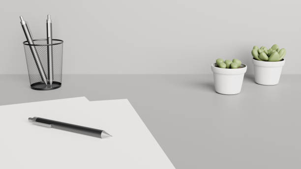 Desktop detail with papers, pens and cactus plants. Home office concept. 3D rendering.