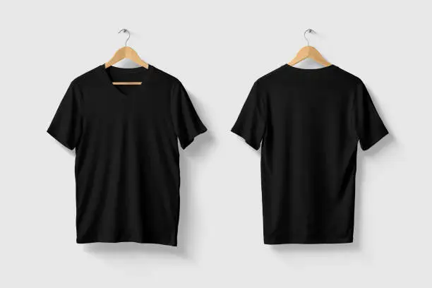 Black V-Neck T-Shirt Mock-up on wooden hanger, front and rear side view. High resolution.
