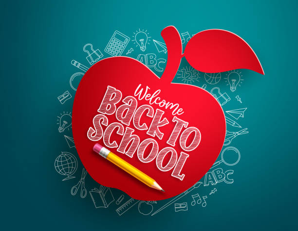Back to school apple vector banner. Back to school text in red paper cut apple Back to school apple vector banner. Back to school text in red paper cut apple with hand drawn school items and elements in blue background. Vector illustration. back to school stock illustrations