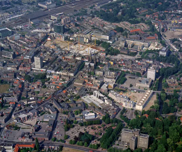 Eindhoven, Holland, August 03 - 1990: Historical aerial photo of the city Eindhoven in the Dutch province Noord Brabant