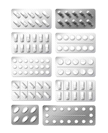 Medicine painkiller pills packaging. Realistic 3d drugs in blister isolated on white. Vitamin capsule drug blister pack. Medical care pharmaceutical illustration EPS 10