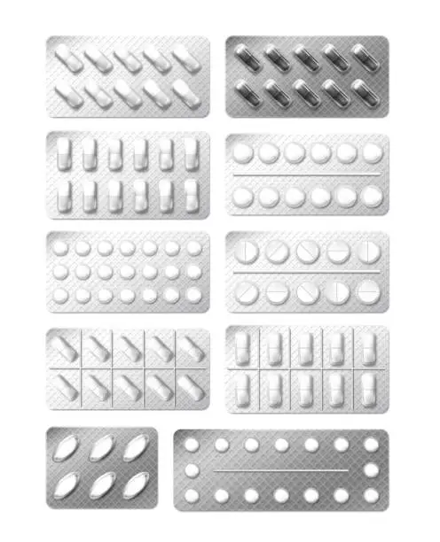 Vector illustration of Medicine painkiller pills packaging. Realistic 3d drugs in blister isolated on white. Vitamin capsule drug blister pack. Medical care pharmaceutical illustration