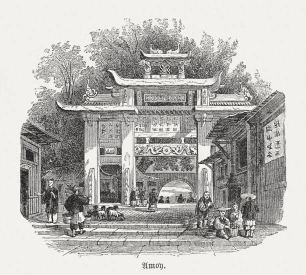 ilustrações de stock, clip art, desenhos animados e ícones de paifang of amoy (xiamen), china, wood engraving, published in 1893 - circa 6th century