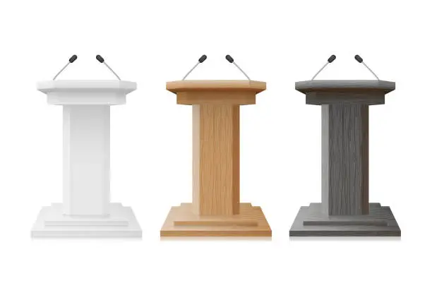 Vector illustration of Podium wooden and white empty Tribune Set. Debate Podium Stand With Microphones mockup isolated. Illustration for Business Presentation. vector illustration