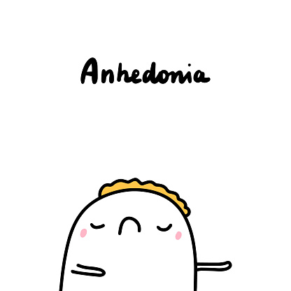 Anhedonia symptom of schizophrenia man expressive in cartoon comic style hand drawn print poster card banner