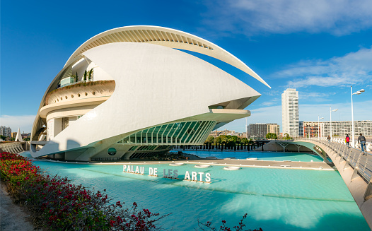 Valencia, Spain - March 3, 2020: Panoramic view of the Palace of Arts Queen Sofia. Located at the City of Arts and Science. Is an opera house and cultural centre, desing by Santiago Calatrava. On the right is the Montolivet bridge.