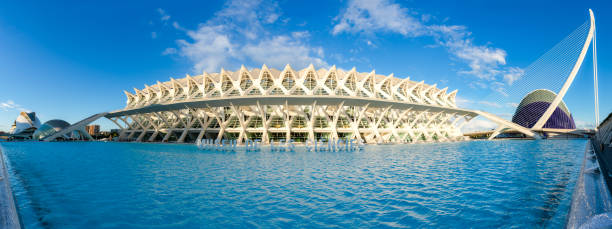 Valencia, Spain - March 2, 2020: Panoramic view of the south facade of the Museum of Science Principe Felipe. The building, designed by Santiago Calatrava, resembles the skeleton of a whale. It forms part of the City of Arts and Sciences, and is located at the end of Luis García Berlanga street.