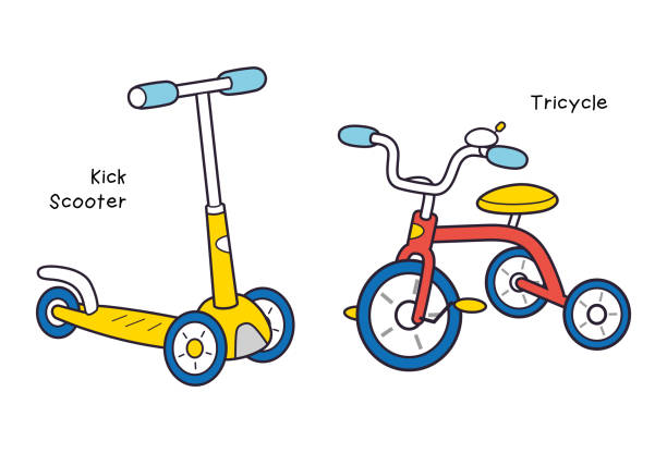 Kids tricycle and kick scooter Red kids tricycle and yellow kick scooter isolated tricycle stock illustrations