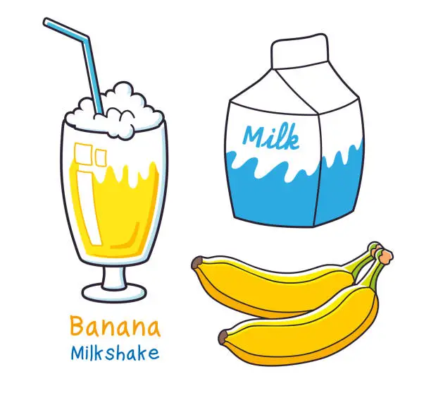 Vector illustration of Milkshake glass, milk carton and bananas.