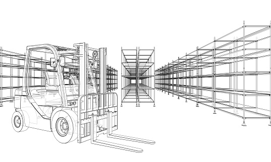 Warehouse shelves and forklift. Blueprint style. Vector rendering from 3D model
