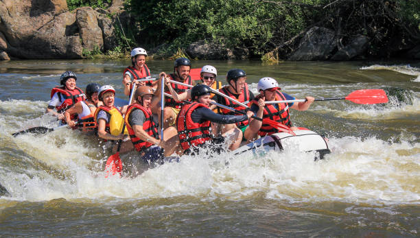 rafting-team , sommer extrem wassersport. - teamwork river rafting costa rica stock-fotos und bilder